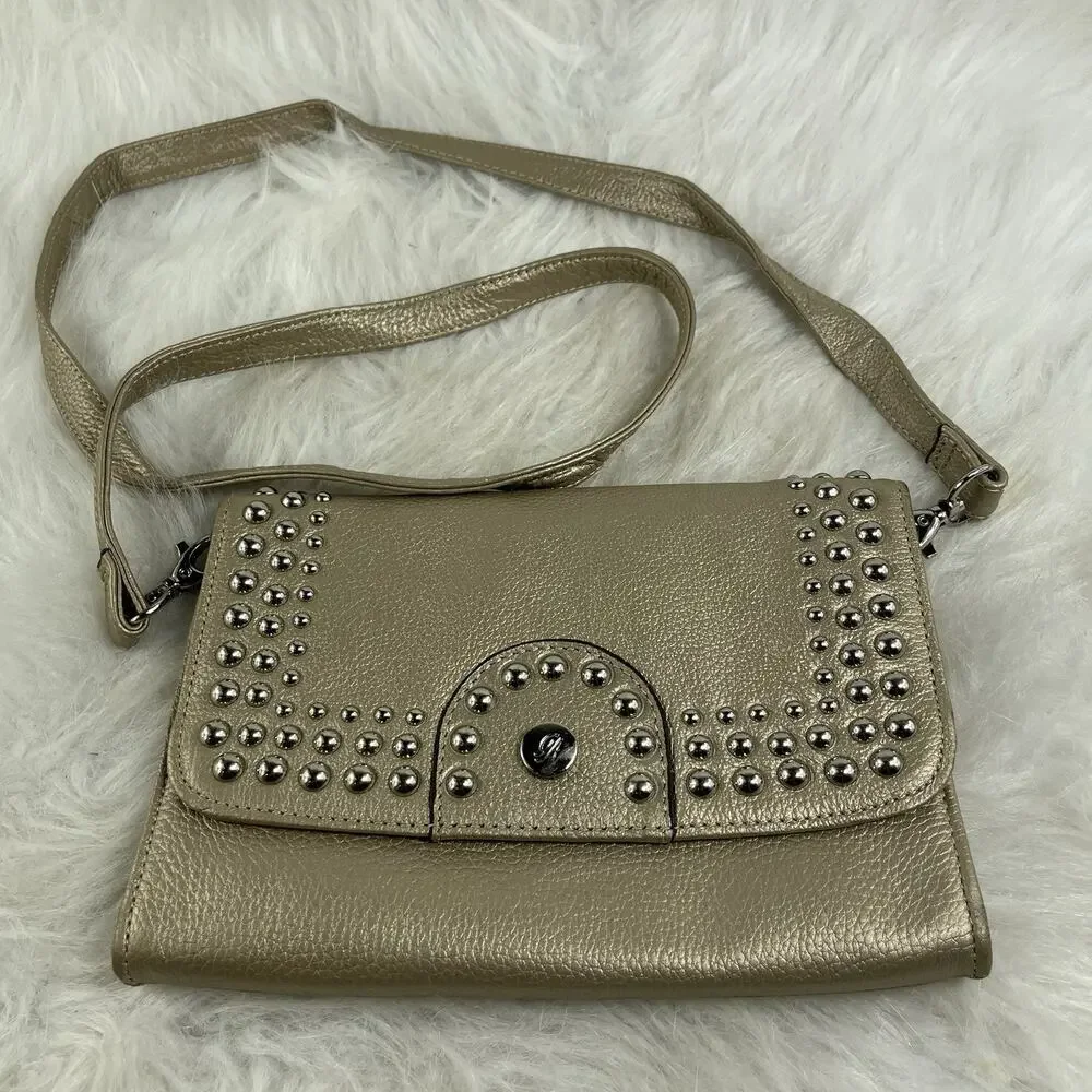 GRACE ADELE Gold Leather Clutch With Leather Flower Crossbody Style